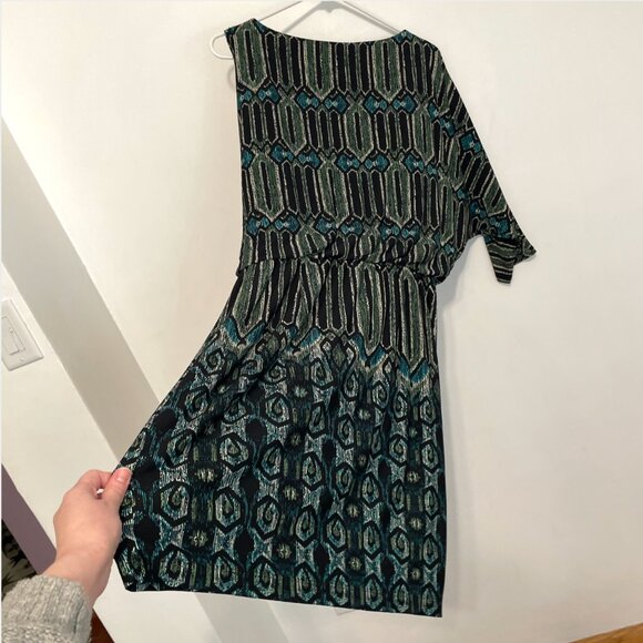 NEW NWT SANDRA DARREN Black Green Teal Geometric Geo Cold Shoulder Cutout Dress - Picture 16 of 16